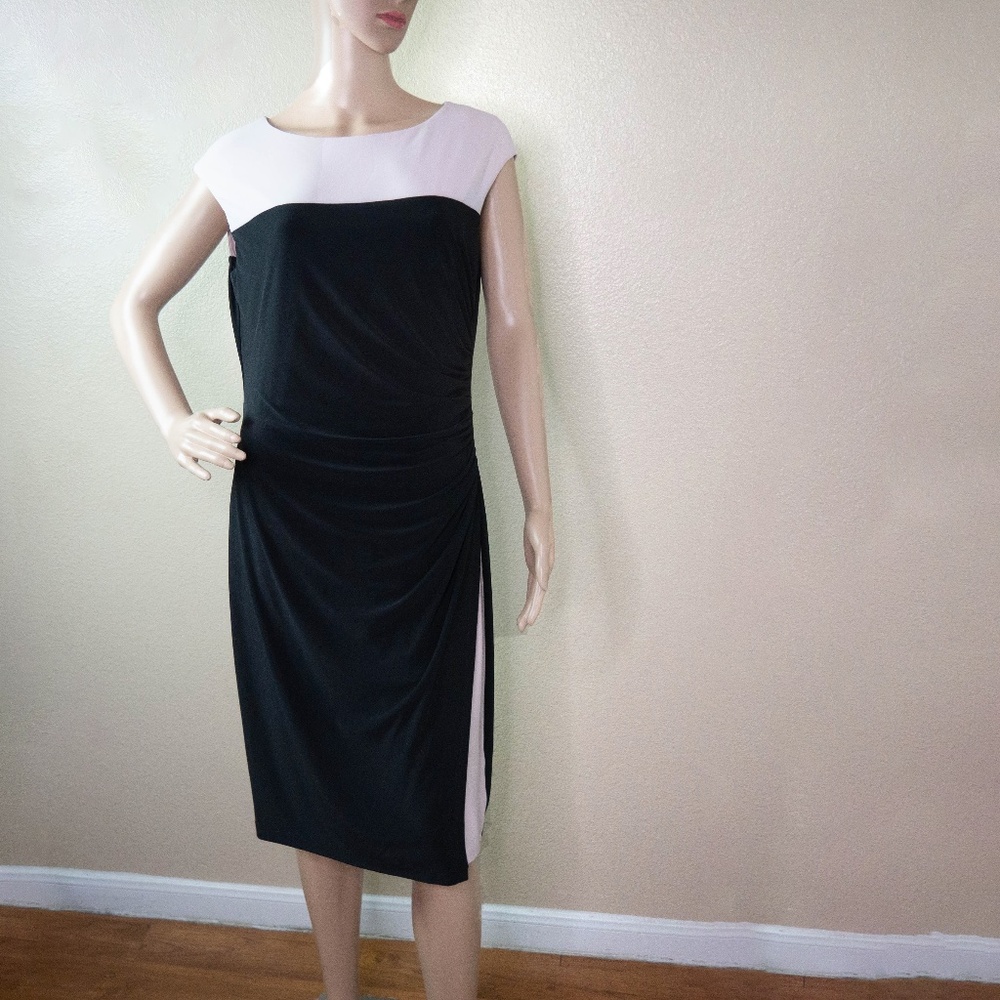 Lauren Ralph Lauren Womens Size 12 Black Pink Ruched Bodycon Midi Dress